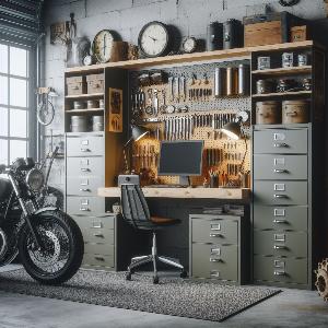Garage Office Design Ideas with large metal file cabinets to store motorcycle parts-2